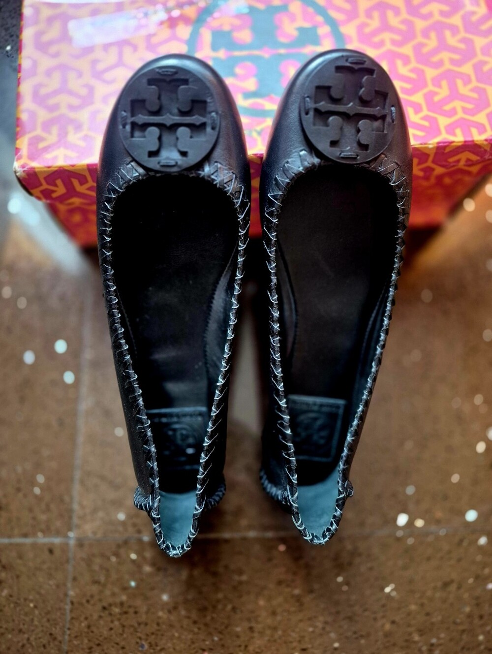 Tory Burch Black Leather Logo Whipstitch Ballet Flats